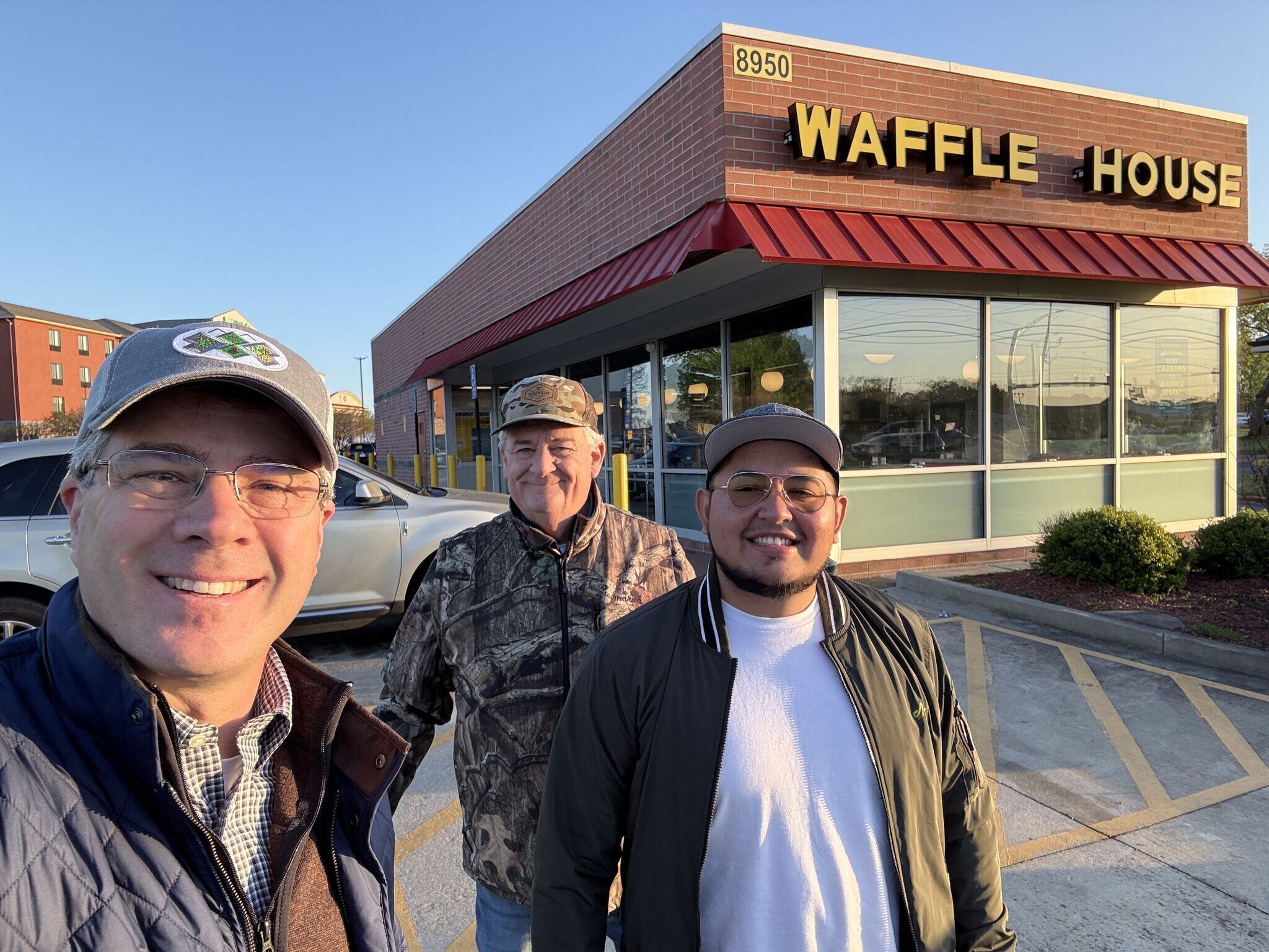 Wilson Lumber Company's Robb Wilson, Mark Johnson, and Javi at Waffle House